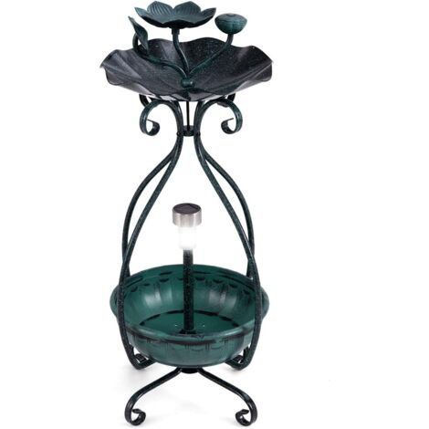 GOPLUS Mangeoire Oiseaux Exterieur Hauteur 79 CM, Abreuvoir d’Oiseaux sur Pied avec Jardinière, Lumière LED Solaire, Cadre en Métal, Meuble Décoratif en Forme Lotus pour Jardin, Terrasse (Bronze Vert)