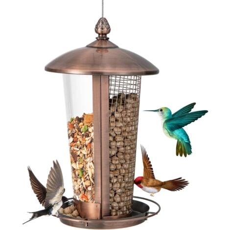 GOPLUS Mangiatoia per Uccelli da Appendere con 2 Tubi, Casetta per Uccelli con Ampia Vasca e Fori di Drenaggio, Mangiatoia per Uccelli Resistente alle Intemperie per Giardino e Balcone, Bronzo