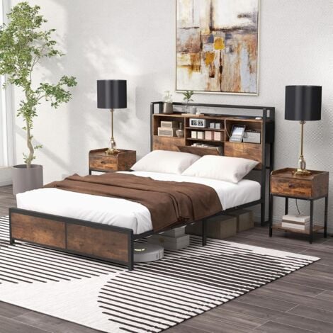 GOPLUS Metallbett mit Kopfteil & Ladefunktion, Doppelbett mit Unterbett-Stauraum, Stauraumbett mit Lattenrost aus Holz, Industriell, Ohne Matratze (140 × 200 cm)