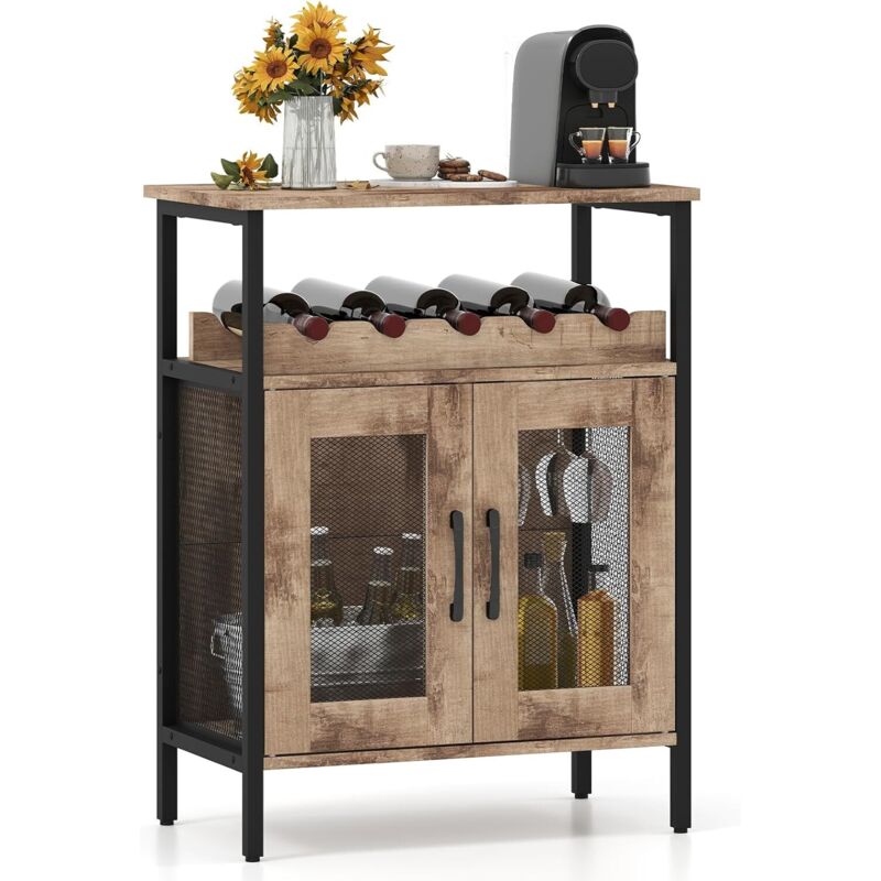 GOPLUS Meuble Bar à Vin, Table Autoportante Industriel avec Porte-Verres, Casier à Vin Amovible, Porte en Métal Grillagé, Buffet pour Cuisine, Salle