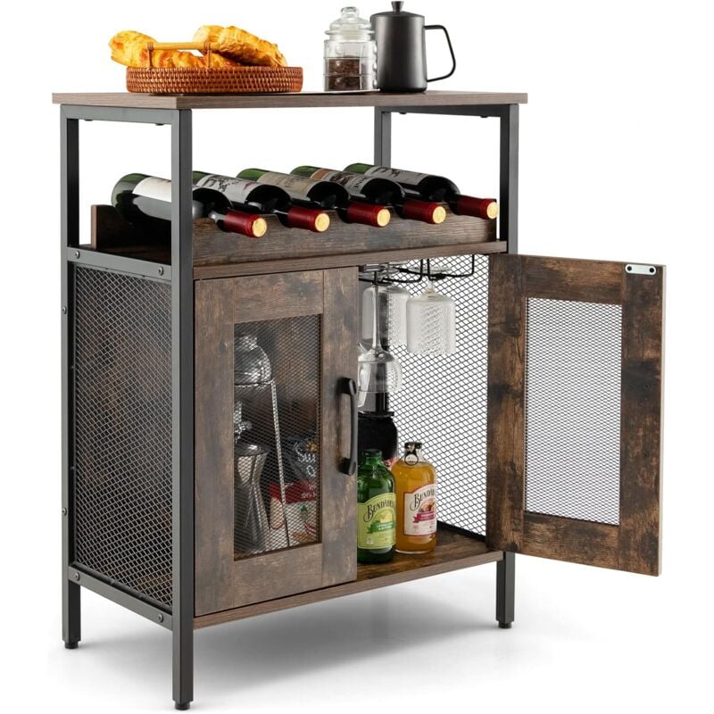 Goplus - Meuble Bar à Vin Industriel , avec Porte-Verres, Casier à Vin Amovible, Porte en Métal Grillagé, 60 x 34 x 79 cm, Brun