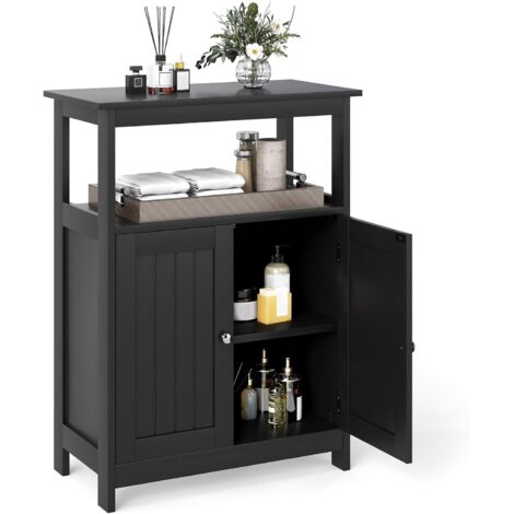Goplus – Meuble bas de salle de bain noir – Armoire au sol avec double portes – Étagère réglable 3 niveaux – Dimensions 60x30x80 cm