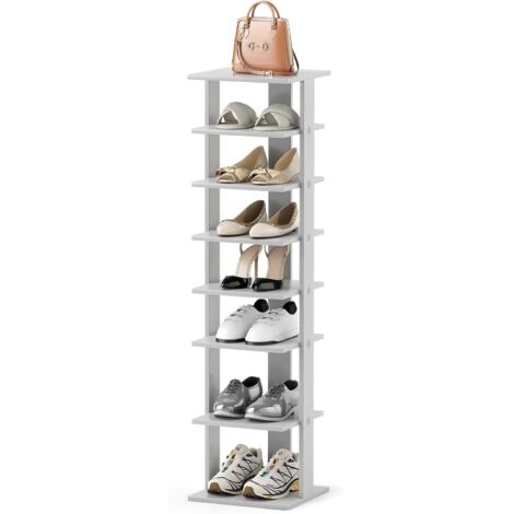 GOPLUS Meuble Chaussure à 7 Niveaux en Bois, 27,5 x 26,5 x 110 CM, Rangement Chaussures Vertical et Compact avec Étagère Réglable pour Chaussures Différente Hauteur, Idéal pour Couloir Salon Entrée