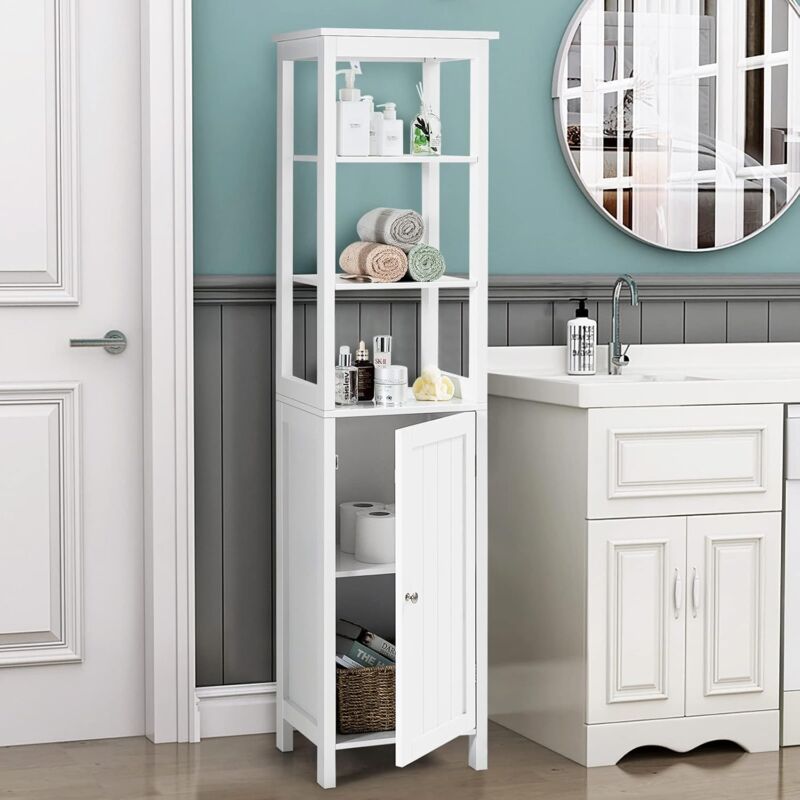 Meuble Colonne de Salle de Bain, Armoire de Rangement Haute avec 3 Étagères, Dispositif Anti-basculement, Panneau Réglable à 3 Positions pour Salle,