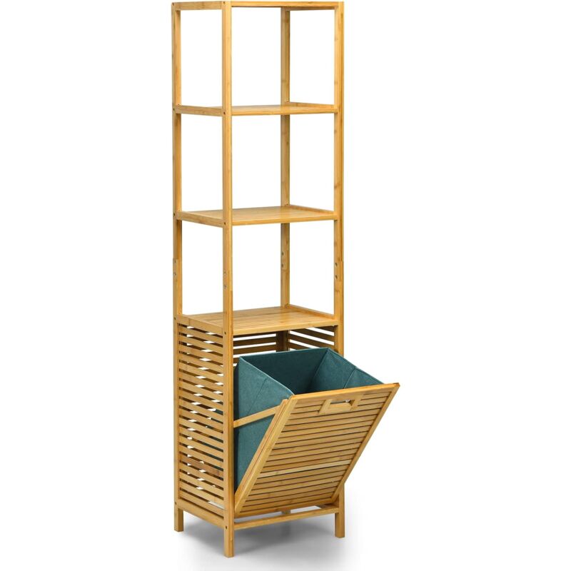 Meuble Colonne de Salle de Bain en Bamboo avec 3 Etageres et Panier a Linge Basculant, Meuble de Rangement pour Salle de Bain, 40 x 33 x 160 cm,