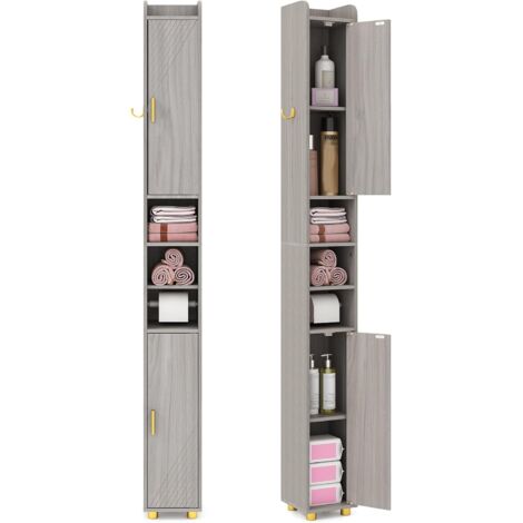 GOPLUS Meuble Colonne Rangement pour Salle de Bain avec Porte-Rouleau Papier Toilette, Armoire Etroit Haut Gain de Place avec 2 Portes,Crochet, Étagère Réglable 3 Niveaux (Gris)