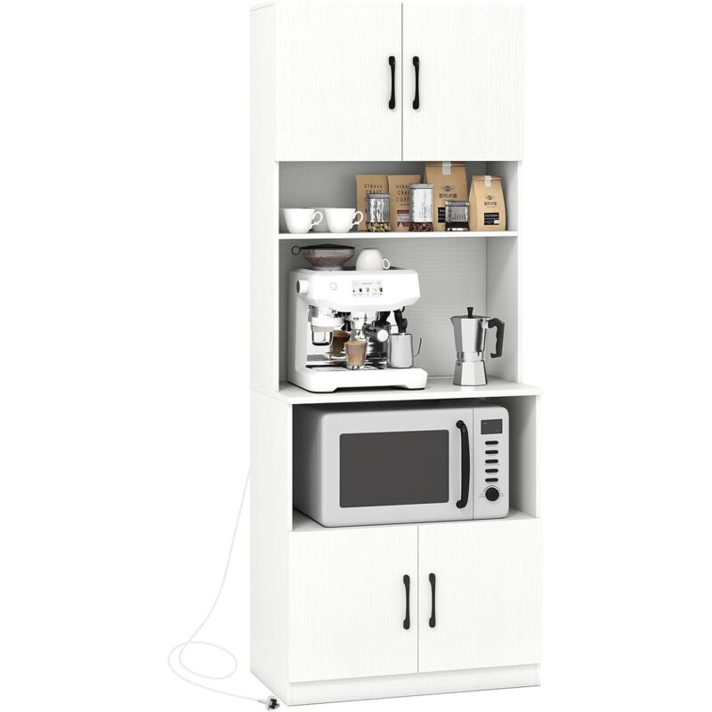 GOPLUS Meuble Cuisine avec Station de Recharge et Trou de Câble, Buffet Salle a Manger Haut avec 2 Placards à Portes, Comptoir Spacieux Ouvert,