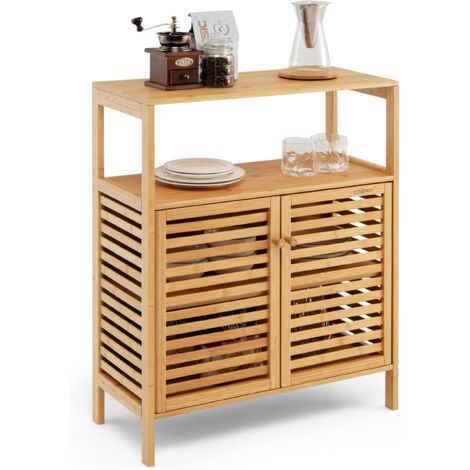 GOPLUS Meuble de Rangement au Sol en Bambou avec Portes à persiennes et étagères Ouvertes, 27.5P x 64l x 80H
