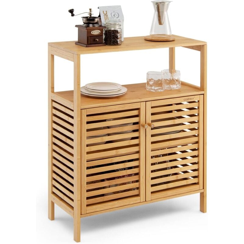 Meuble de Rangement au Sol en Bambou avec Portes à persiennes et étagères Ouvertes, 27.5P x 64l x 80H - Goplus