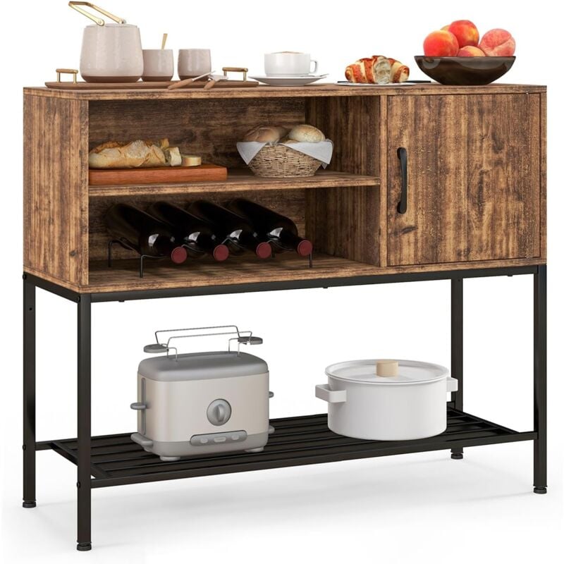 Goplus - Meuble de Rangement avec Casier à Vin, Etagères Ouvertes et 1 Armoire, Buffet de Cuisine avec Cadre en Métal Noir pour Salle à Manger,