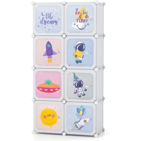 GOPLUS Meuble de Rangement Enfant 8 Cubes à Thème Spatial, Armoire Modulable avec Portes et Barre de Suspension, Rangement Jouet Livre pour Chambre à Enfant (Blanc)