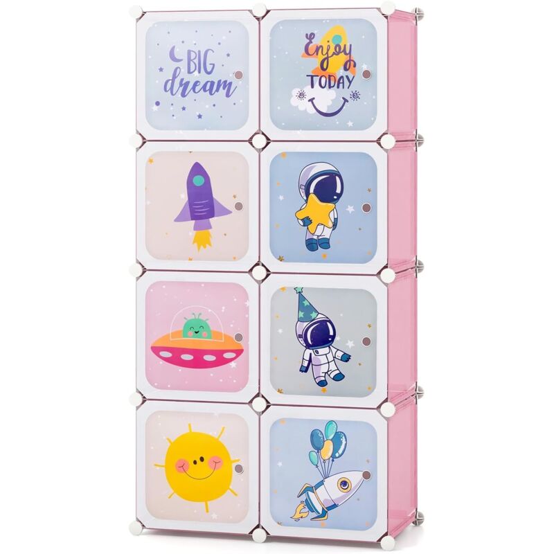 GOPLUS Meuble de Rangement Enfant 8 Cubes à Thème Spatial, Armoire Modulable avec Portes et Barre de Suspension, Rangement Jouet Livre pour Chambre à