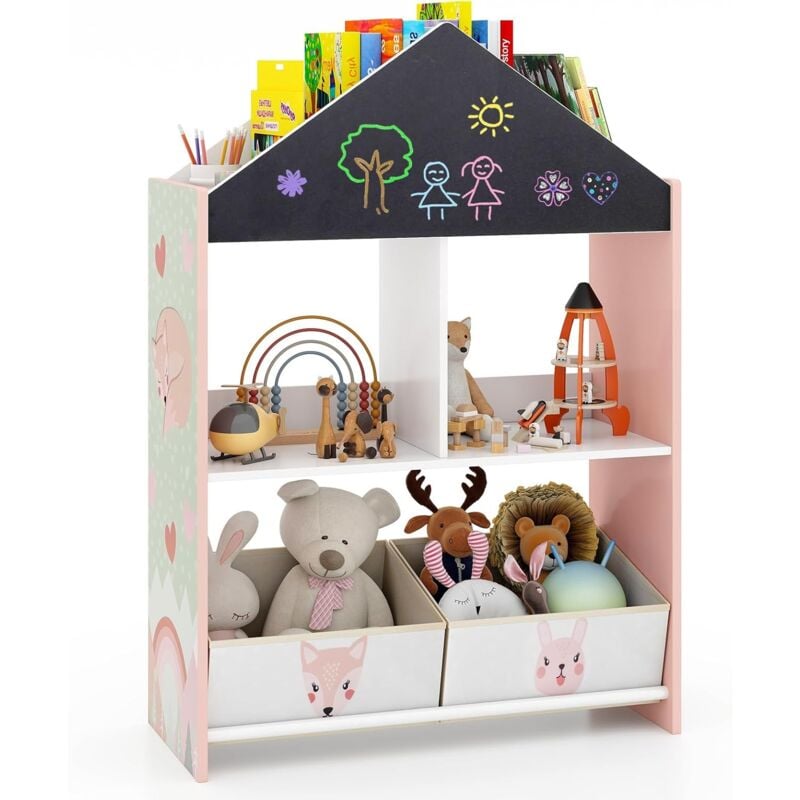 Goplus - Bibliothèque pour Enfants en Forme de Maison avec Tableau Noir/Blanc-2 Compartiments et 2 Bacs en Tissu Rose