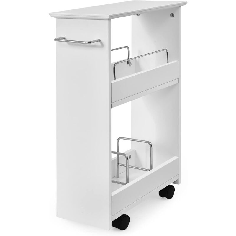 Meuble de Rangement étroit 46x20x65CM,Chariot de Rangement Latéral à Roulettes avec 2 étagères,Roue Verrouillable,Blanc - Goplus