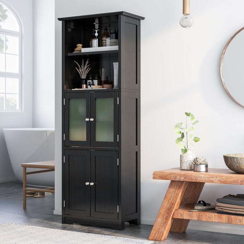 Meuble de Rangement pour Salle de Bain avec 3 Parties, Rangement 6 Niveaux avec 2 Étagères Ouvertes et 2 Compartiments, Portes en Verre Transparent