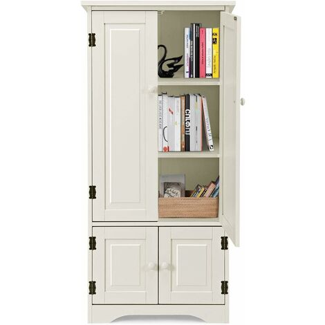 GOPLUS Meuble de Rangement sur Pieds, avec Quatre Grandes Etageres, Panneau de Stockage Reglable, Structure Simple et Retro, Porte avec Manche et Base Magnetique, pour Salon, Couloir etc. (Blanc)
