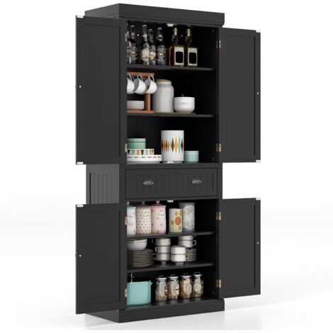 GOPLUS Meuble de rangment Haut avec 4 Portes & 2 Tiroirs, Buffet Haut de Cuisine avec Étagères réglables pour Salle à Manger, Salon, Cuisine, Salle de Bain, 76 x 40 x 183 cm (Noir)