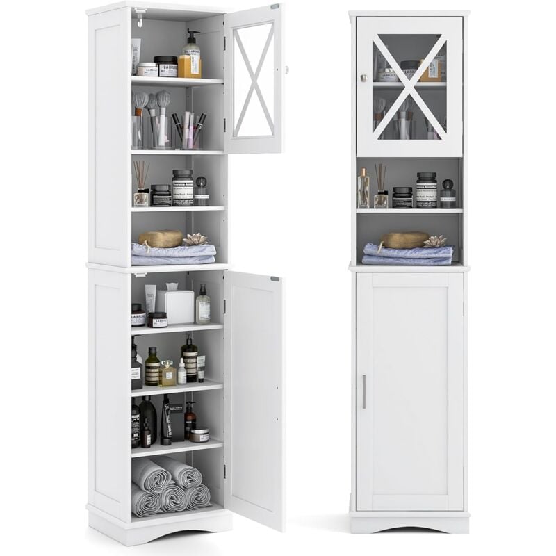 GOPLUS Meuble de Salle de Bain, Armoire Haut de Rangement avec Porte en Acrylique et Étagères Réglables, 2 Compartiments Ouverts, pour Salle de Bain,