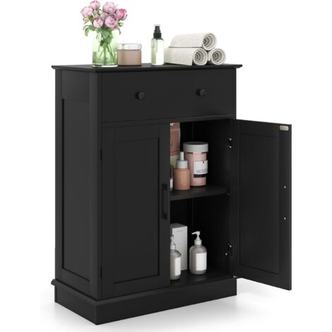 GOPLUS Meuble de Salle de Bain avec Grand Plateau, Tiroirs et 2 Étagères Amovibles et Réglables, Armoire Salle de Bain au Sol avec 2 Porte, Dispositif Anti-Basculement, Convient pour Toilette (Blanc)