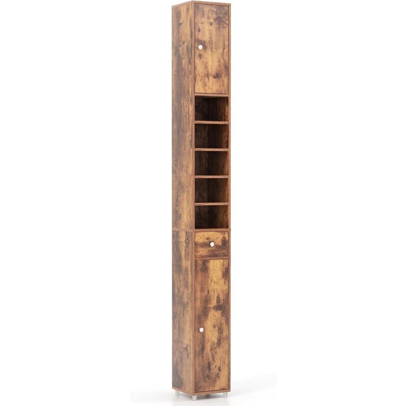 Armoire de Salle de Bain Haut, avec 2 Portes, 1 Tiroir, 5 Étagères Réglables, Dispositif Anti-basculement, Meuble Colonne Rangement pour Petits
