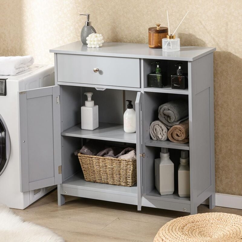 Meuble de Salle de Bain sur Pieds avec Étagère Réglable, 1 Tiroir et 2 Portes, 3 Compartiments Ouverts pour Salle de Bain, Salon, Chambre, Style