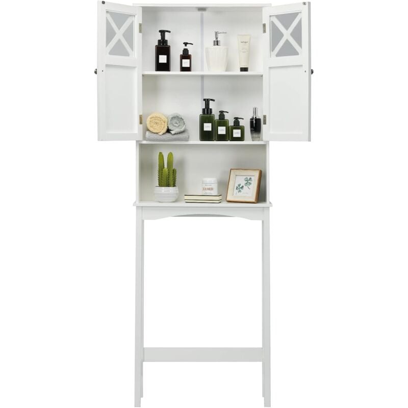 Meuble Dessus de Toilette avec Placard à Porte et étagère Ouverte, Armoire de Salle de Bain avec Dispositif Anti-Basculement, Meuble wc