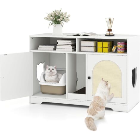 GOPLUS Meuble Litiere Chat, 108 x 50,5 x 73,5 CM, Maison de Toilette Chat d'Intérieur, Cache Litiere avec 2 Portes et Griffoirs en Sisal et Planche à Gratter, 2 Entrées, 2 Compartiments Ouverts