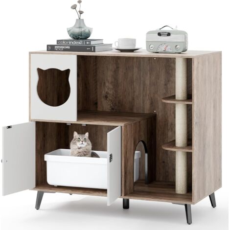 GOPLUS Meuble Litiere Chat avec Arbre a Chats, 100 x 50 x 90CM, Cache Litiere Chat avec Poteau à Gratter en Sisal, Condo, Entrée Latéral, Étagère 3 Niveau, Pieds Métal, Maison pour Chats d'Intérieur