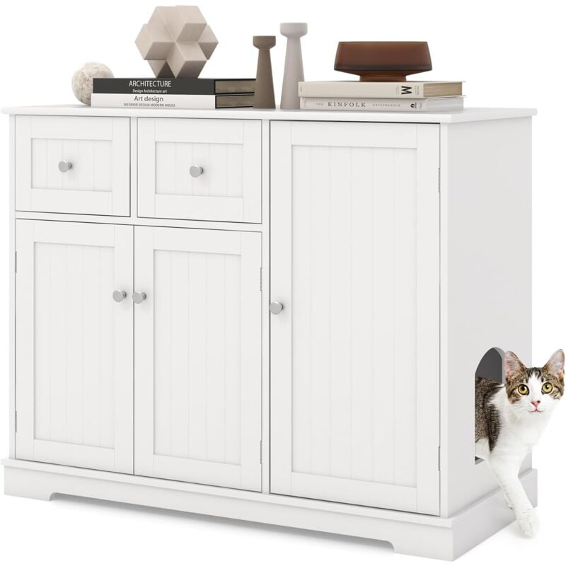 Meuble Litière Chat Blanc, Armoire à Portes, Dessus Spacieux, 2 Tiroirs de Rangement et Trou d'Entrée Latéral pour Chat, Maion de Toilette pour Chat,