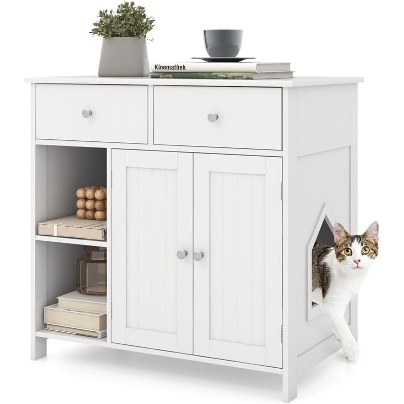 Meuble Litière Chat Blanc, Armoire à Portes, Dessus Spacieux, 2 Tiroirs de Rangement et Trou d'Entrée Latéral pour Chat, Maion de Toilette pour Chat,