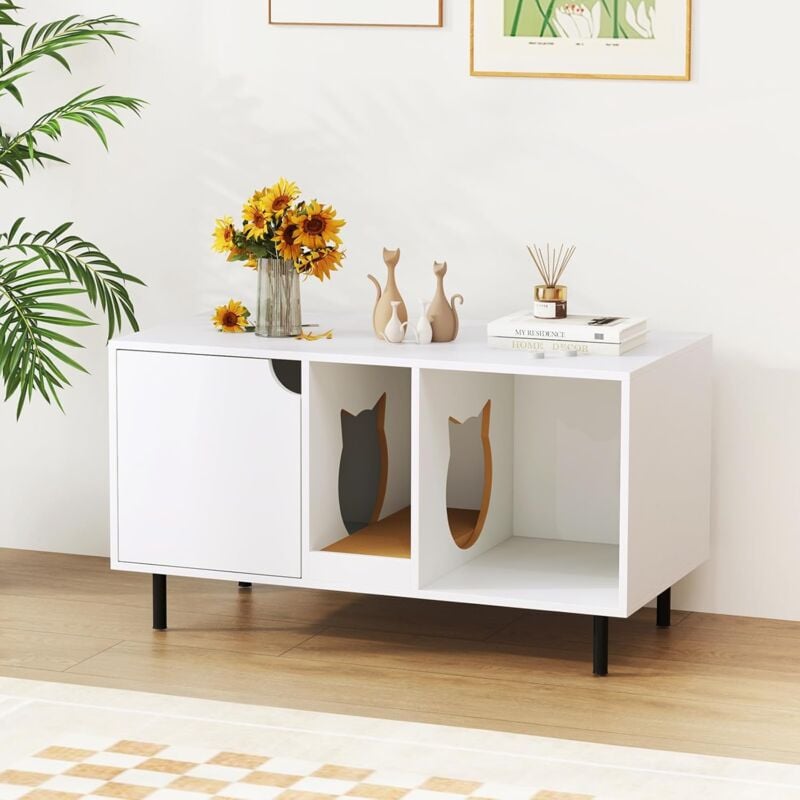 Goplus - Meuble Litière pour Chat, Toilettes Cachées avec 2 Compartiments, Planche à Gratter Détachable, Pieds Métalliques, Grand Plateau, Maison de