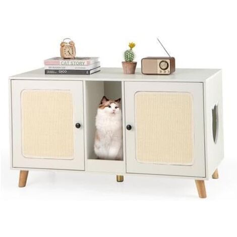 GOPLUS Meuble Litières Chats en Bois avec Grand Plateau, 2 Placards avec Portes, Espace Ouvert, 2 Panneaux Griffoirs et Tapis Griffoir, Entrées Latérales, Style Moderne (Blanc)