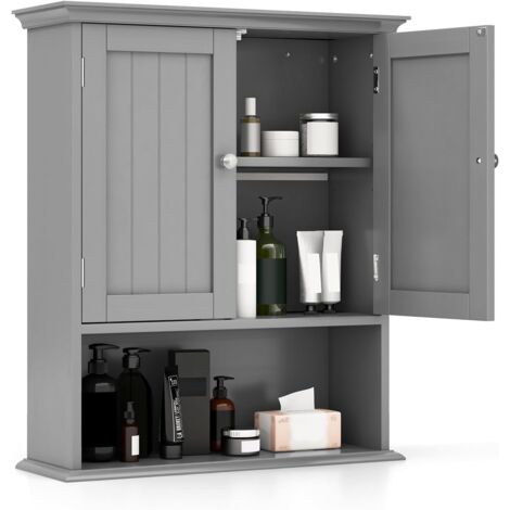 GOPLUS Meuble Mural de Salle de Bain, Compartiment à Porte et Étagère Ouverte, Étagère Réglable, 60x20x70,5CM, Gris