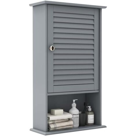Goplus – Meuble mural salle de bain – Armoire à pharmacie avec porte persienne – Étagère réglable – Dimensions 42x17x70cm – MDF résistant à l'eau