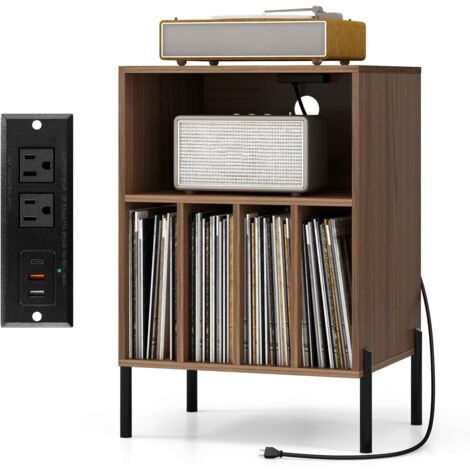 Goplus – Meuble pour platine vinyles avec station de charge – 5 compartiments pour 150 disques – Pieds en métal – Dimensions 53x45x78,5cm (noyer)