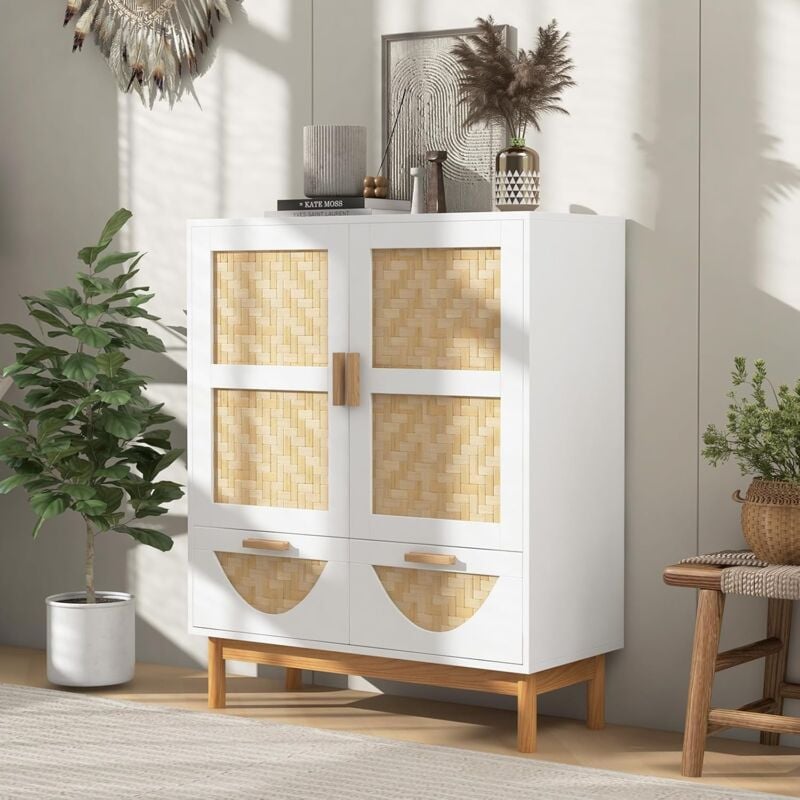GOPLUS Meuble Rangement de Cuisine sur Pieds à 2 Portes, Buffet de Cuisine Moderne avec Portes Tissées en Bambou, 2 Tiroirs et Etagère Réglable, pour