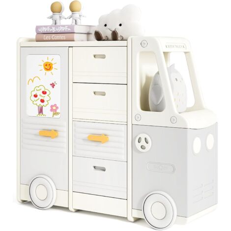 GOPLUS Meuble Rangement Enfant en Forme de Voiture, Organisateur de Jouets Livres avec 4 Tiroirs, Armoires Fermées, Tableau de Dessin, Étagère Enfant en HDPE pour Salle de Jeux, Crèche