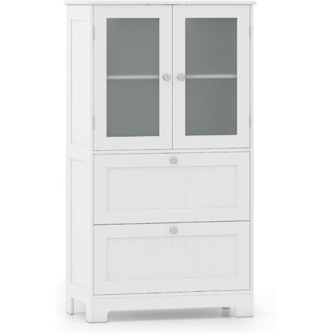 GOPLUS Meuble Salle de Bain, 60 x 30 x 108 CM, Colonne Salle de Bain avec 2 Portes en Verre Trempé, Plateau Grand, 2 Tiroir Coulissant, Étagère Réglable sur 3 Niveaux, Idéal pour Salon, Cuisine, Blanc