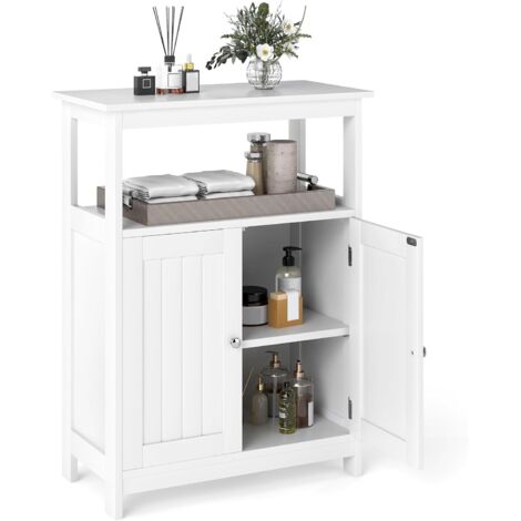 GOPLUS Meuble Salle de Bain, Armoire Salle de Bain au Sol avec Double Portes, Plateau Grand, 2 Compartiments Ouverts, Étagère Réglable à 3 Niveaux, Moderne pour Entrée, Salon (Blanc)
