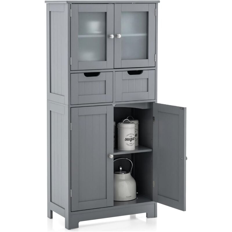 Meuble sur Pied de Salle de Bain, 2 Tiroirs, 1 Cabinet Clôturé avec Étagère Ajustable, Compartiment à Porte en Verre Trempé - Goplus