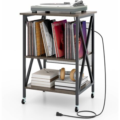 Goplus – Meuble vinyle à 3 niveaux – Station de charge avec 2 prises et port USB – Cadre en métal – Dimensions 52x45x75cm – Pour 250 vinyles