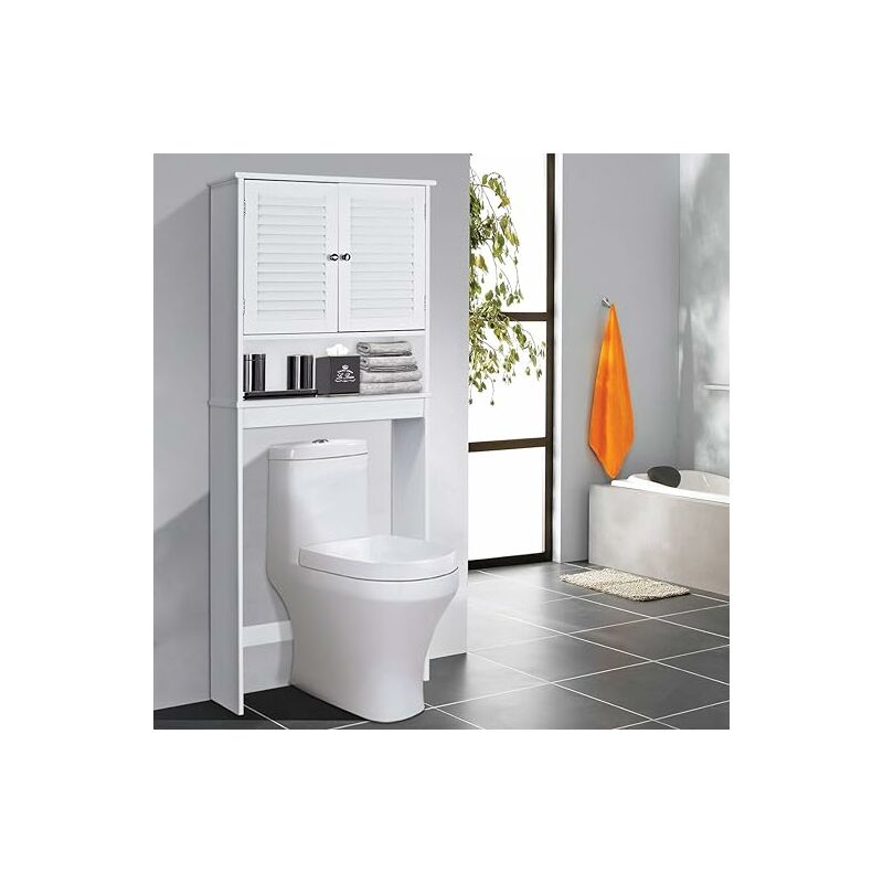 goplus meuble wc au-dessus des toilettes, étagère de salle de bain avec dispositif anti-basculement, armoire à 2 portes avec étagère réglable pour