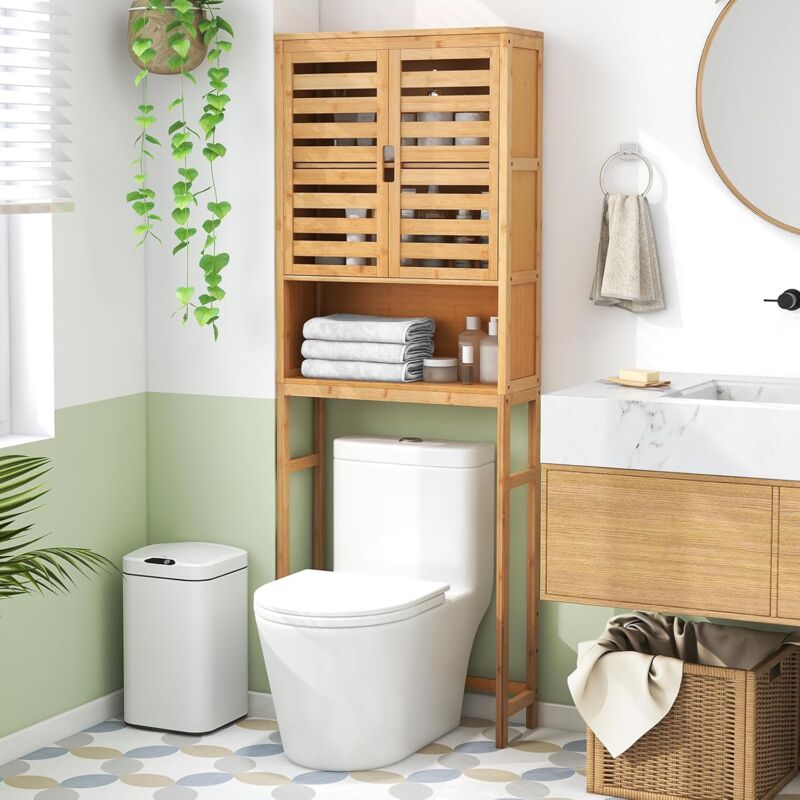 Meuble wc Au-Dessus des Toilettes, Etagère Haute avec Portes à Persiennes, Meuble de Salle de Bain en Bambou, Kit Anti-basculement, Barre