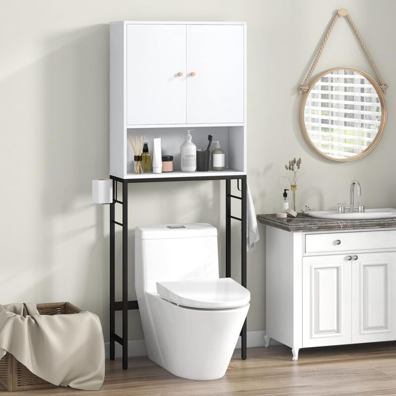 Meuble wc Au-Dessus des Toilettes, Meuble de Salle De Bain avec Armoire à Double Porte, Compartiment Ouvert, Etagère Réglable, Barre Inférieure, pour