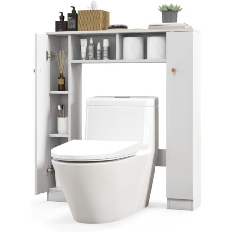 Goplus – Meuble WC au-dessus des toilettes – Organisateur de rangement autoportant avec doubles portes – 4 étagères réglables – MDF blanc 88x18x98 cm