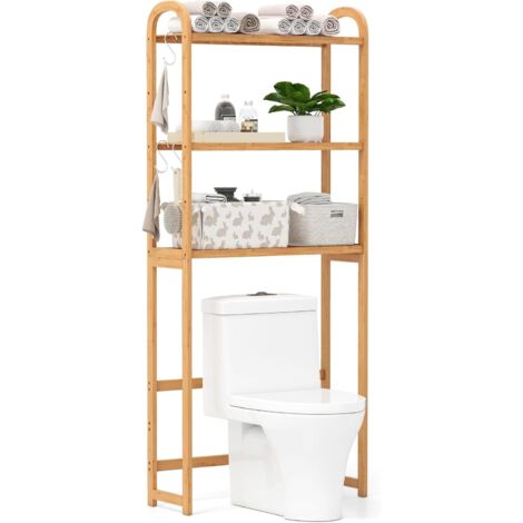 GOPLUS Meuble WC au-Dessus des Toilettes,en Bambou à 3 Niveaux avec 3 Crochets, Étagères et Barres Réglabe à 3 Niveaux en Métal pour Salle de Bain,71,5 x 25 x 166 cm