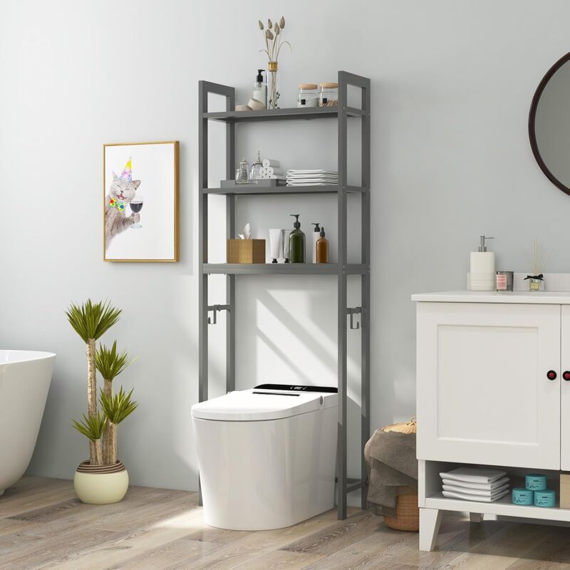 Goplus - Meuble wc Étagère au-Dessus des Toilettes, Meuble de Salle de Bains en Métal avec Dispositif Anti-Basculement, Gris