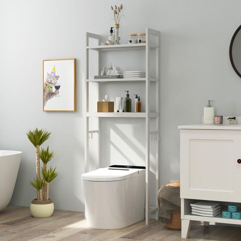 GOPLUS Meuble WC Étagère au-Dessus des Toilettes, Meuble de Salle de Bains en Métal avec Dispositif Anti-Basculement, Blanc