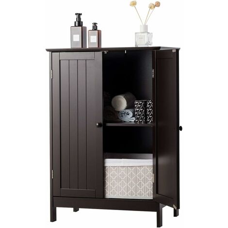 GOPLUS Meubles de Salle de Bain sur Pieds, avec Deux Grande Etagere pour Le Rangement, Design Simple et Contemporain, Porte avec Manche et Base Magnetique, Anti-Basculement, Marron