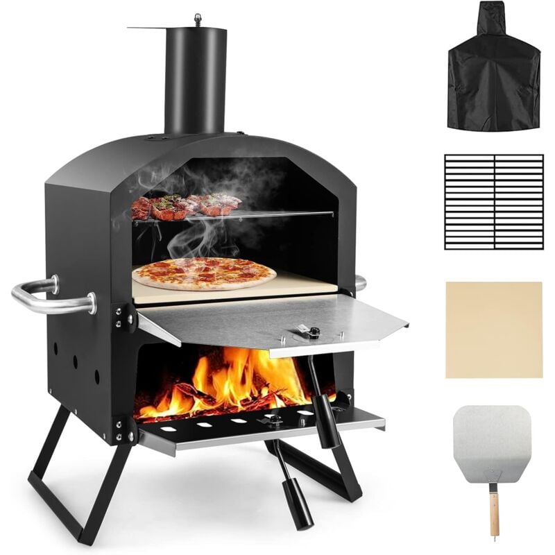 Goplus - Mini Four à Pizza d'Extérieur à Bois pour 2 Pizzas, Pelle à Pizza, Pierre à Pizza, Couvercle Étanche, Pieds Repliables, Four à Pizza en